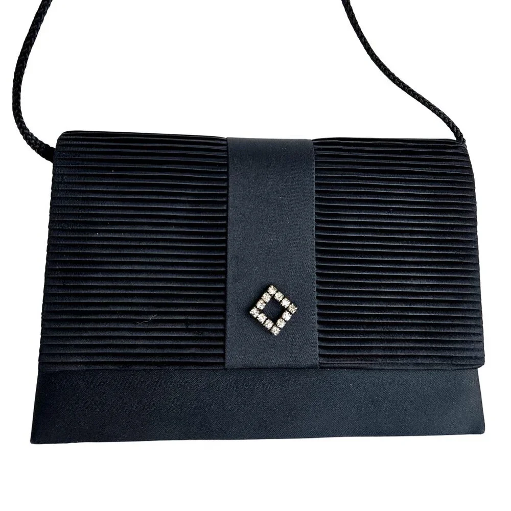 Vintage La Regale Black Pleated Satin Clutch Crossbody w/ Rhinestone Accent NWOT - Picture 1 of 9